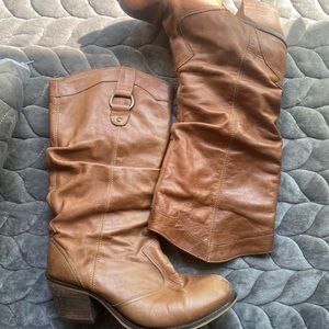 Brown chunky green boots
